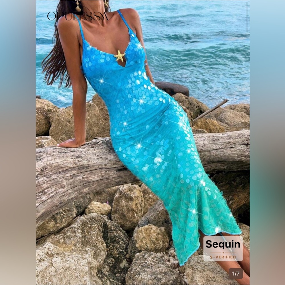Mermaid Turquoise Blue Sequin Midi Dress